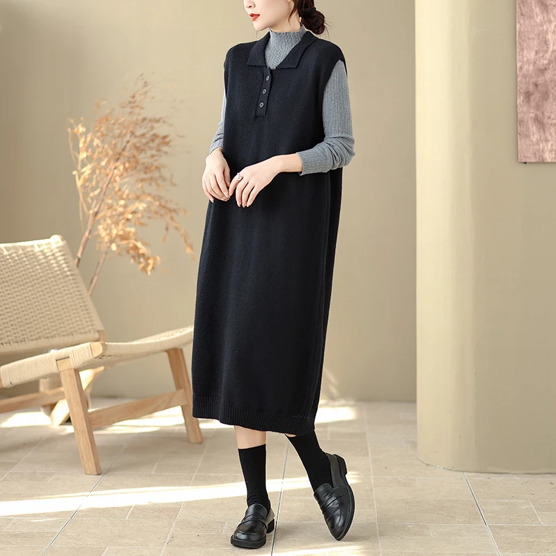 Falda acampanada de fibra de poliéster con cuello de punto Dr Loose Svel Midi Dr Pure Color Commute Sle para mujer