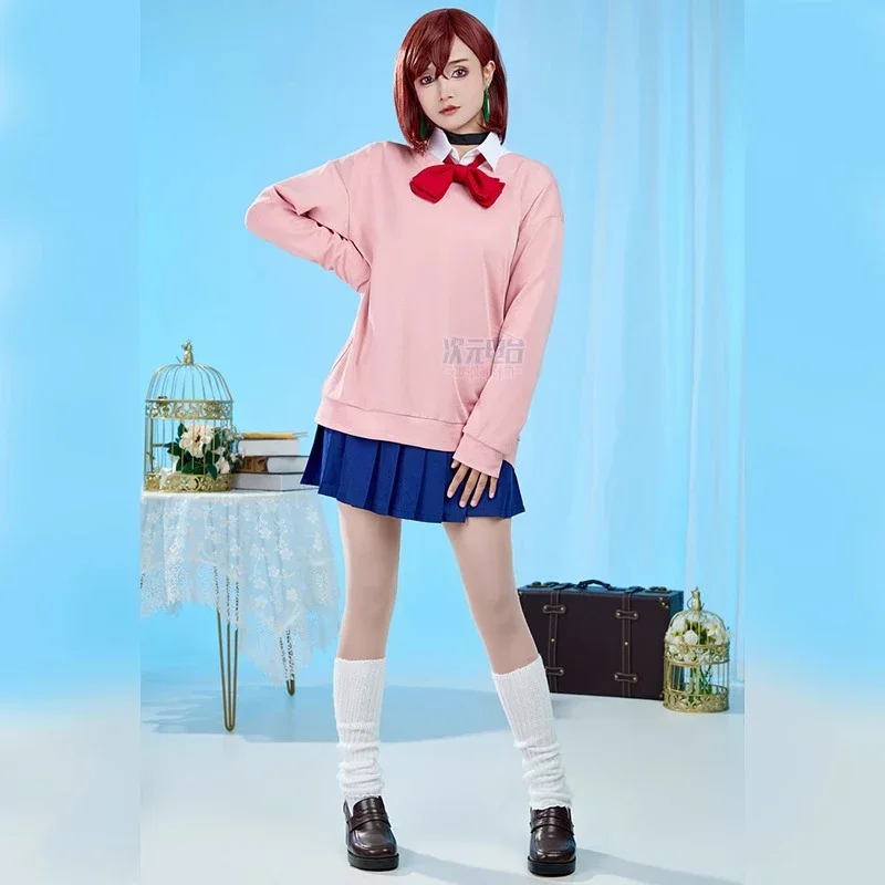 مجموعة أزياء Dandadan Anime School JK التأثيرية الوردية مع تنورة بقلنسوة وأقراط شعر مستعار مومو أيأسه ملابس حفلات الهالوين وأعياد الميلاد