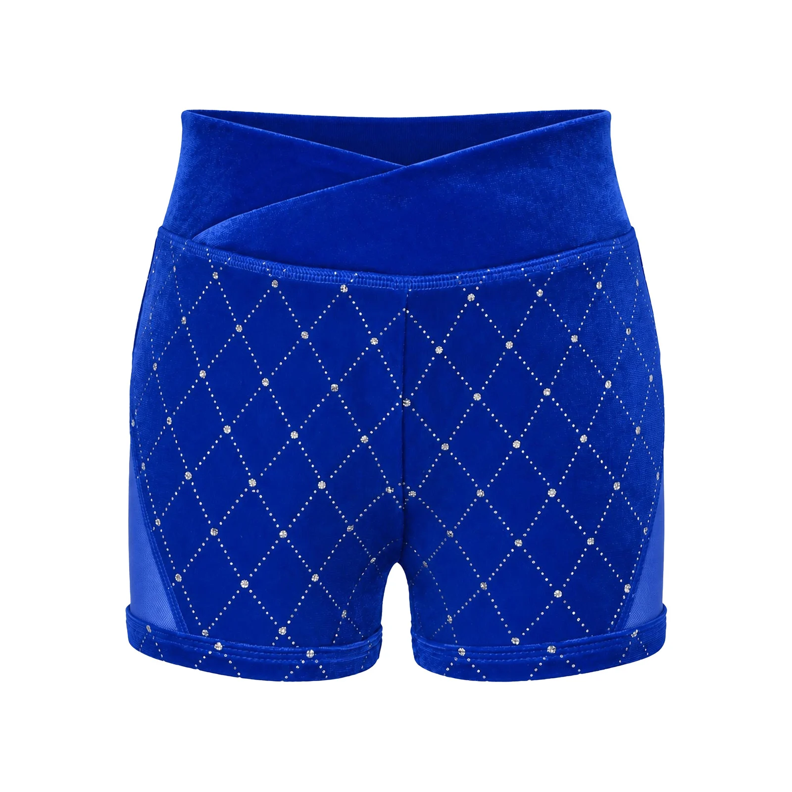 Children Girls Metallic Rhombus Velvet Shorts V Front Waist Mesh Patchwork Shorts for Gymnastics Ballet Dance Performance