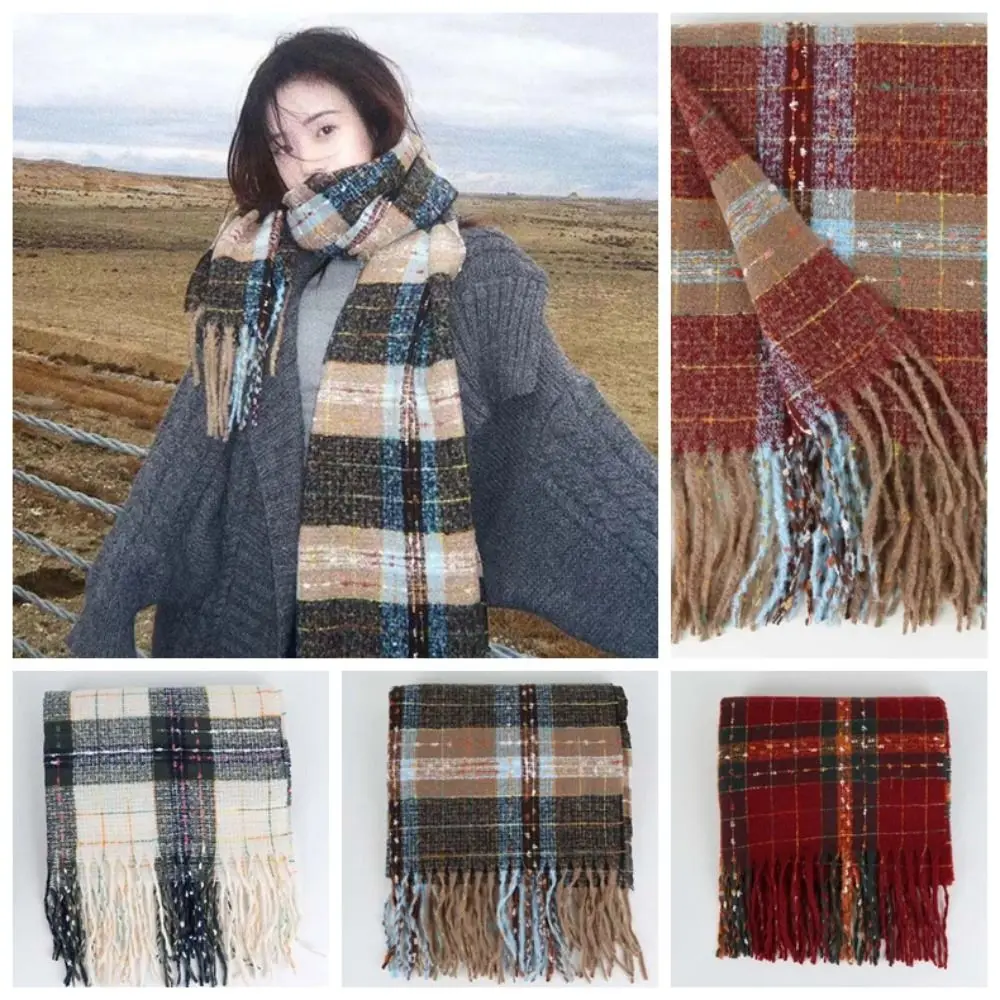 

Large Soft Plaid Knitted Scarf Cold-proof Korean Style Long Tassel Neckscarf Polyester Classic Women Thickened Scarf Spring