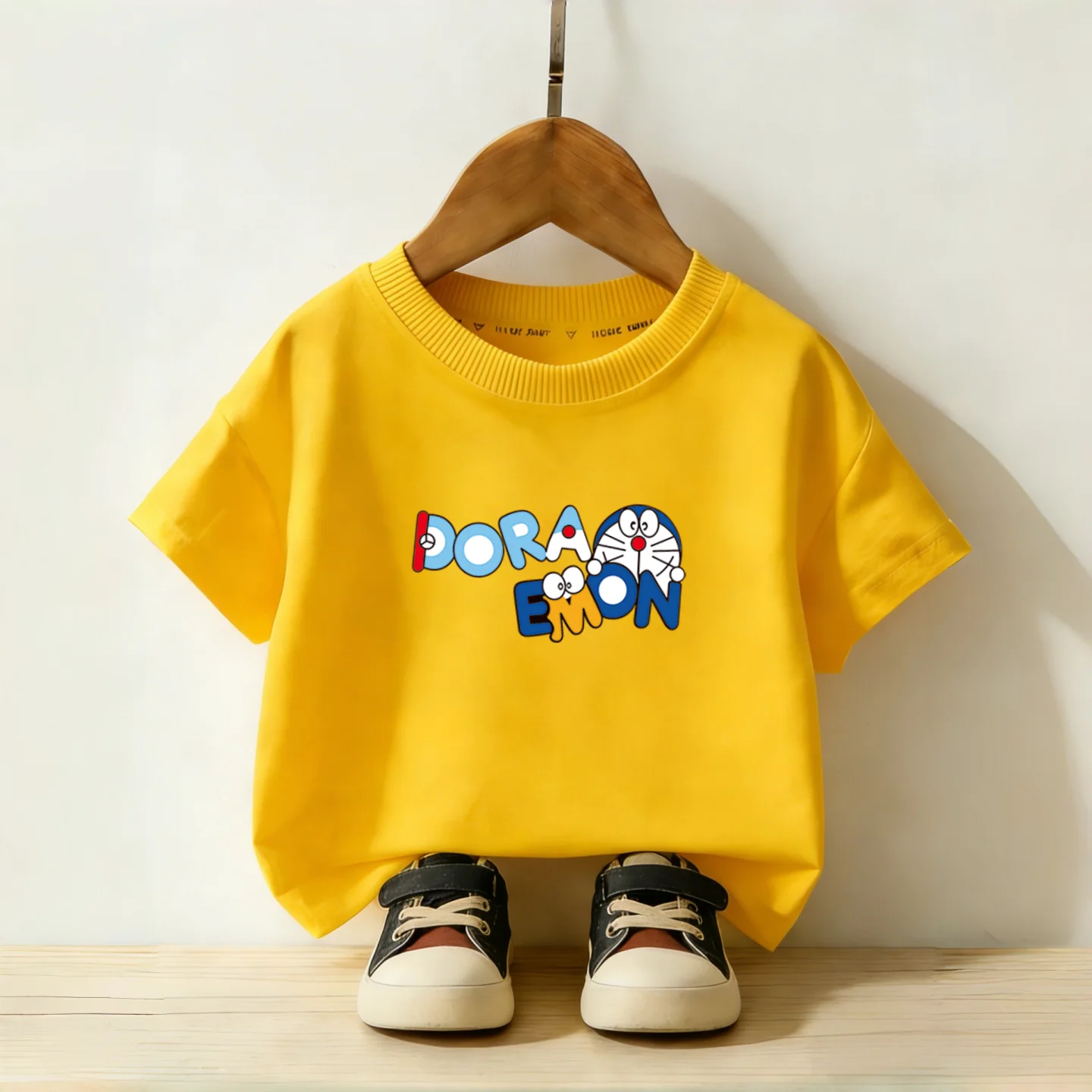 Cotton Short-sleeved T-shirt for Summer. Children's Cartoon Robot Cat Summer Dress. Half-sleeved Trendy Children's Top.