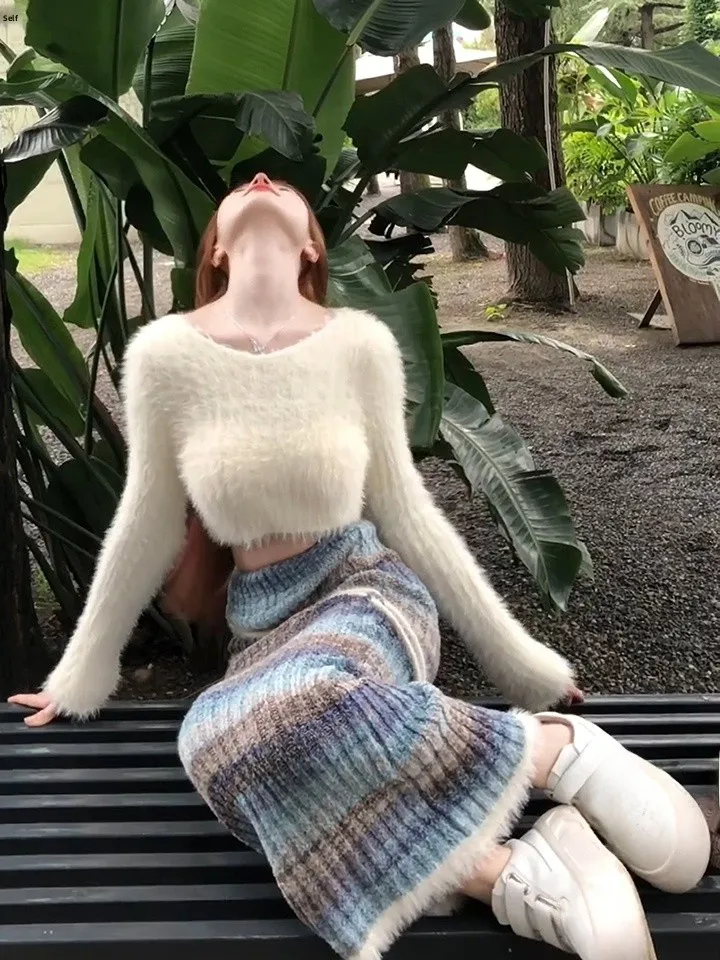 

Мягкая уютная вязаная юбка с высокой талией для женщин, осенне-зимняя новинка, элегантная юбка А-силуэта, облегающая длинная юбка с высокой талией