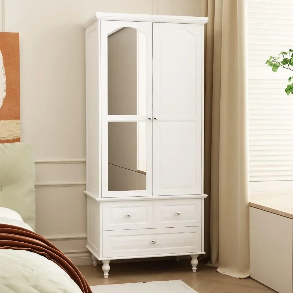 

Wardrobe Armoire Wooden Closet with Mirror Storage and Cubes, White