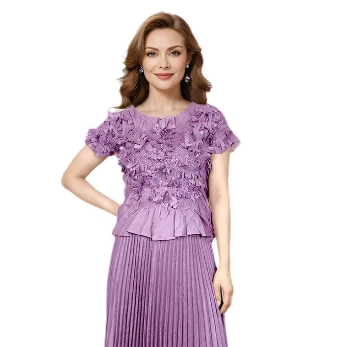 Setelan Kasual Perancis untuk Wanita dengan Desain Ceruk, Atasan Lengan Pendek Bunga Buatan Tangan, Rok Setengah, Set Dua Potong Wanita 2025