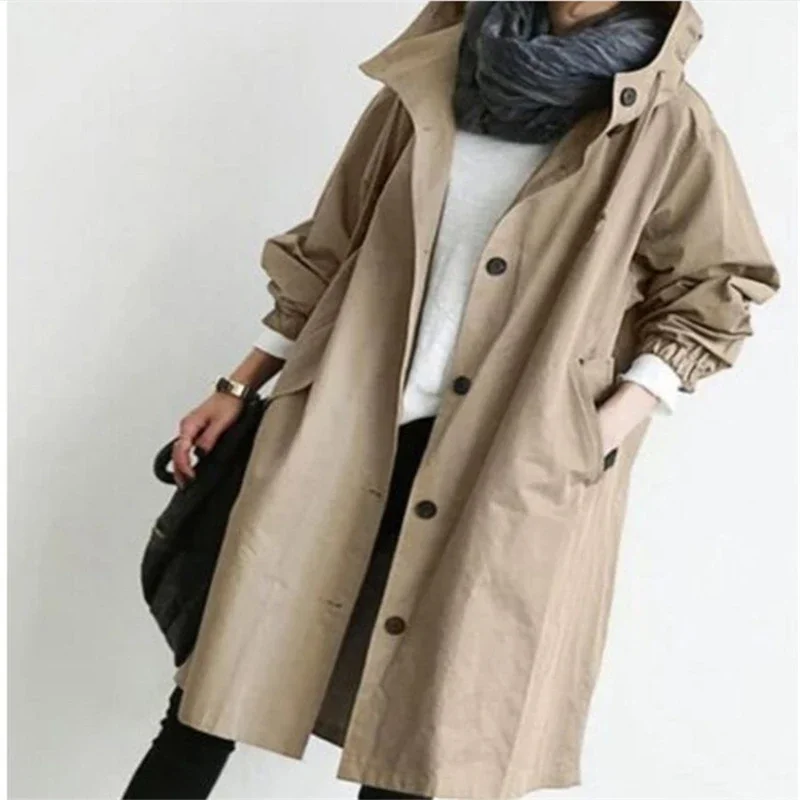 ผู้หญิงเสื้อ 2024 ฤดูใบไม้ร่วงสีทึบHooded Windbreaker Long Trench Coat Office Lady Casualแฟชั่นOuterwearเสื้อคลุมหญิง