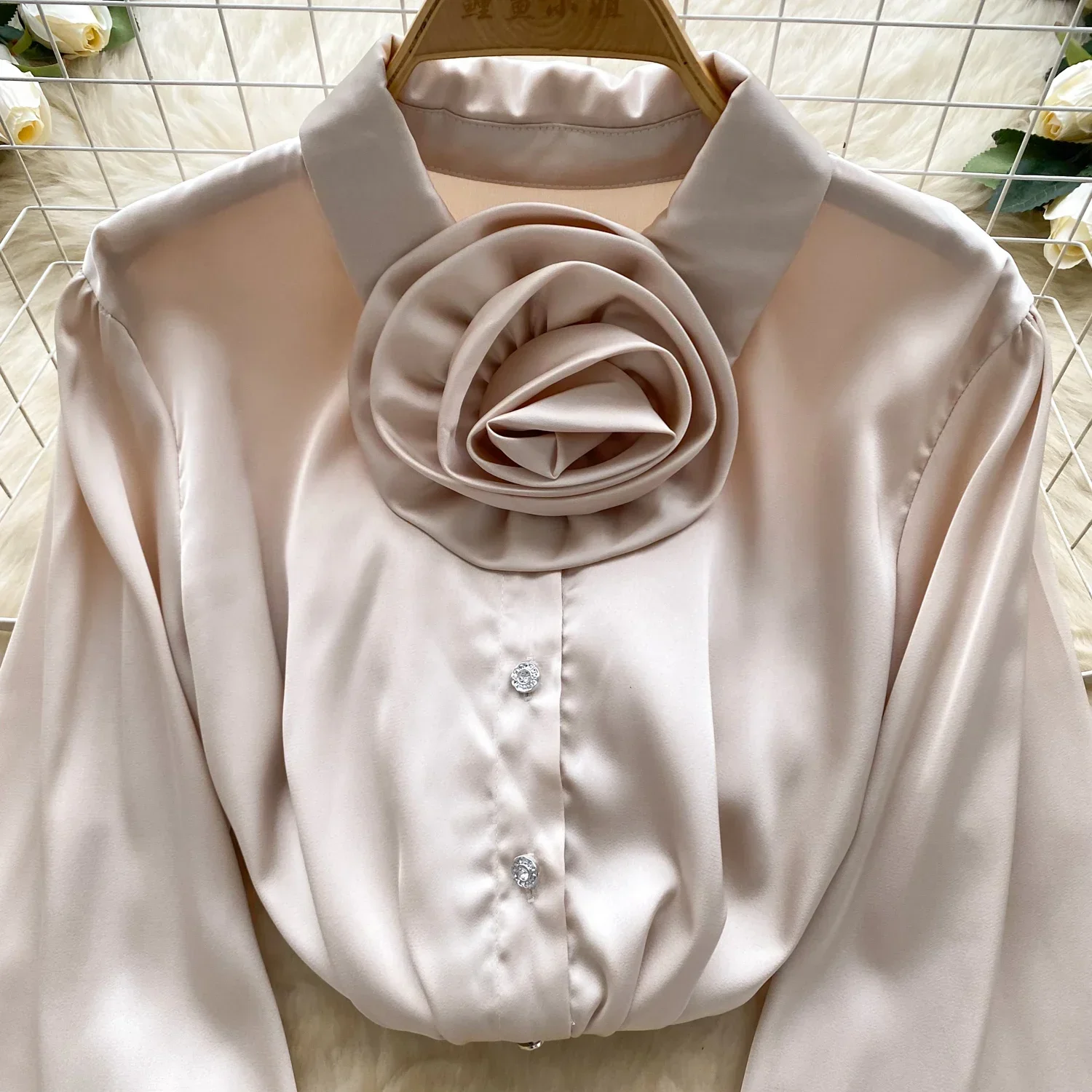 Elegant Satin Three-dimensional Flower Long Sleeve Lapel Blouse Chic Vintage Fashion Crop Top Women Autumn Shirts Clothing