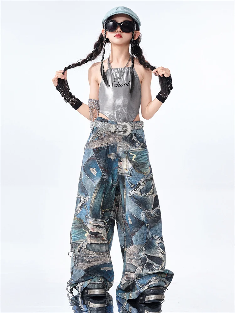 Ropa de Hip Hop para niñas, traje de baile callejero de Jazz para niños, chaleco plateado con entrepierna, pantalones de cimitarra azul, traje de actuación infantil