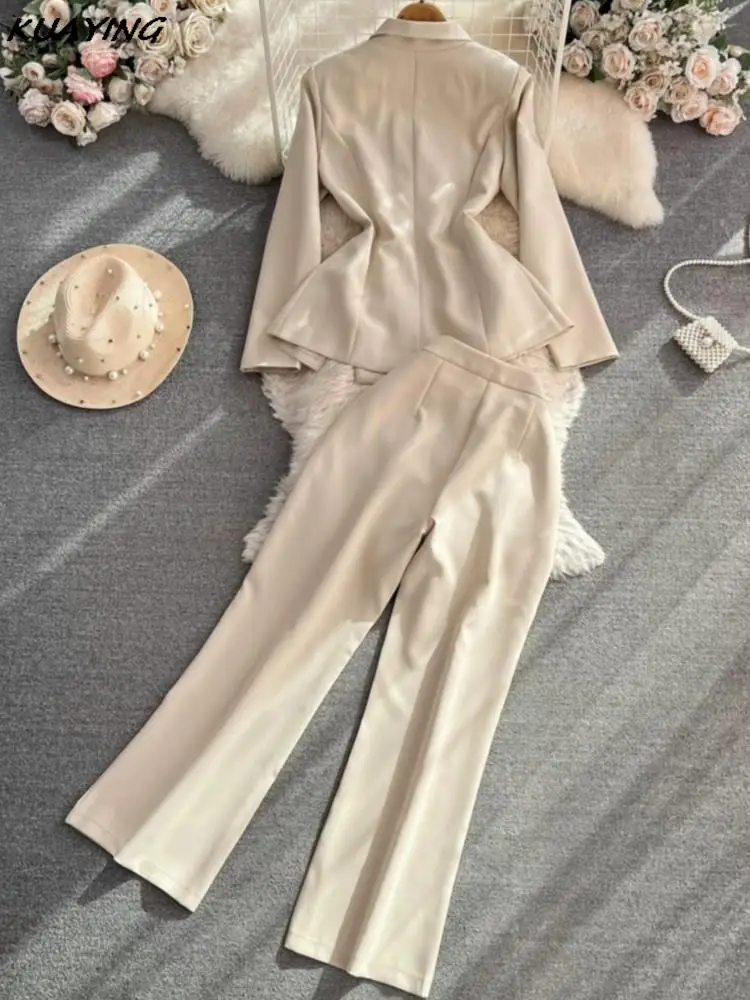 Abiti da donna coreani 2 pezzi Blazer a maniche lunghe Pantaloni dritti a vita alta Set vintage Abiti solidi da donna da ufficio alla moda femminile