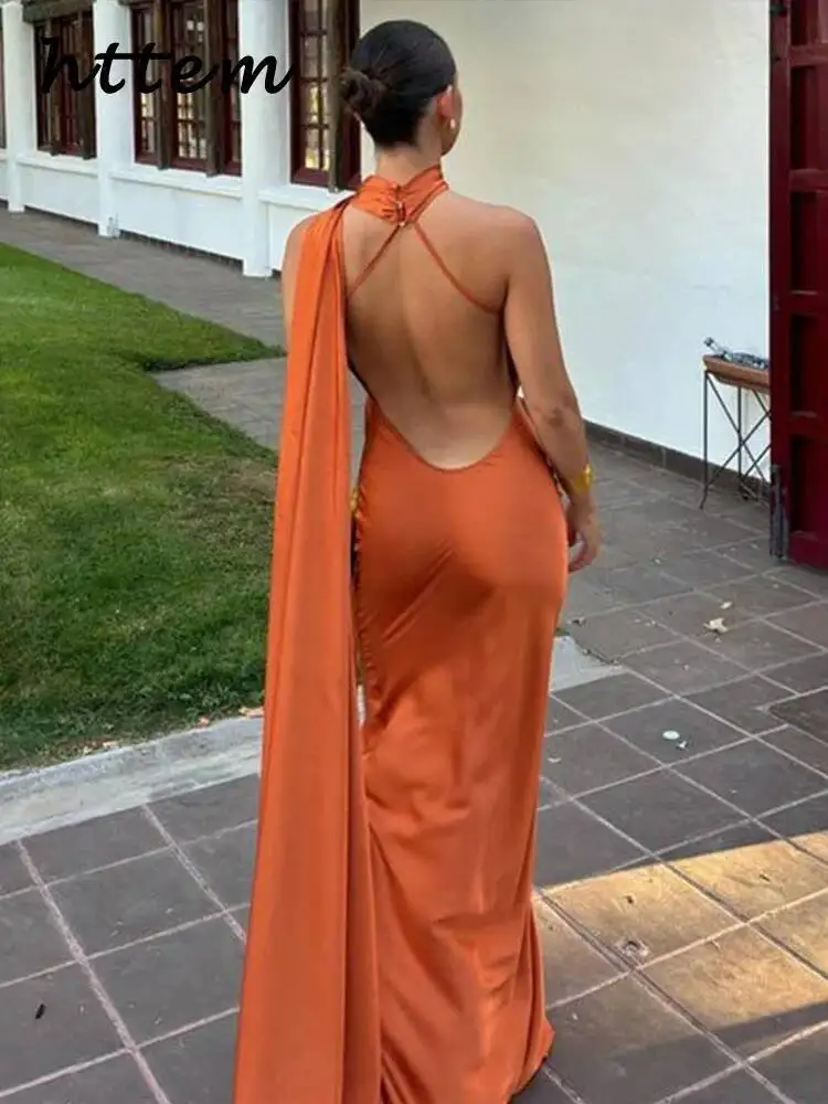 Robe de soirée longue en Satin avec ruban élégant pour femmes, couleur unie, sans manches, dos nu, robes de soirée chics, printemps été 2025