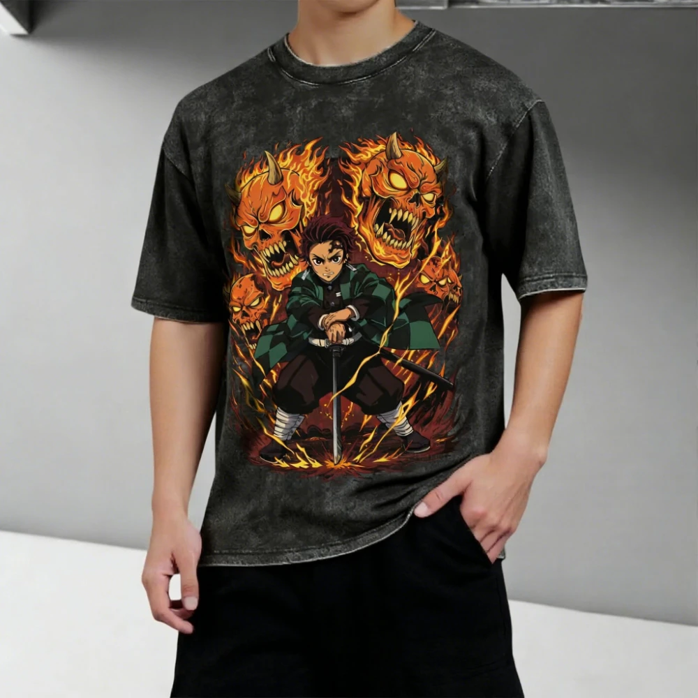 

Футболка Demon Slayer унисекс с эффектом потертости, с принтом Танджиро Камадо, летняя/весенняя, аниме, ретро, универсальная, с коротким рукавом