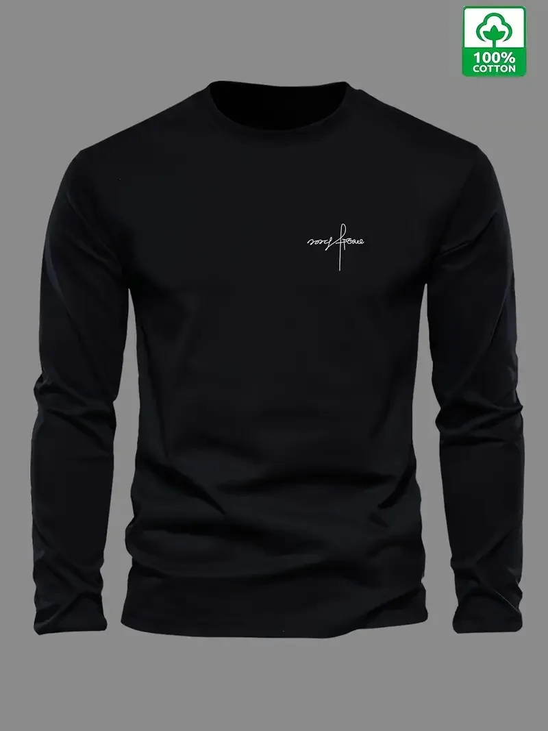 تي شيرت رجالي من القطن الخالص بنسبة 100% فضفاض ومريح للرياضة والترفيه مطبوع عليه حروف برقبة دائرية وأكمام طويلة #4