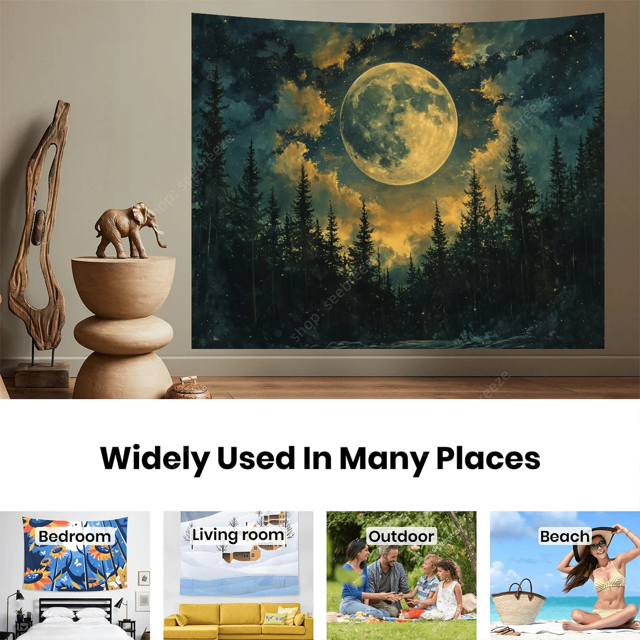 Moon Tapestry Psychedelic Forest Tree Tapestry Wall Hanging for Bedroom Ceiling Aesthetic Living Room College Dorm Hippie Decor