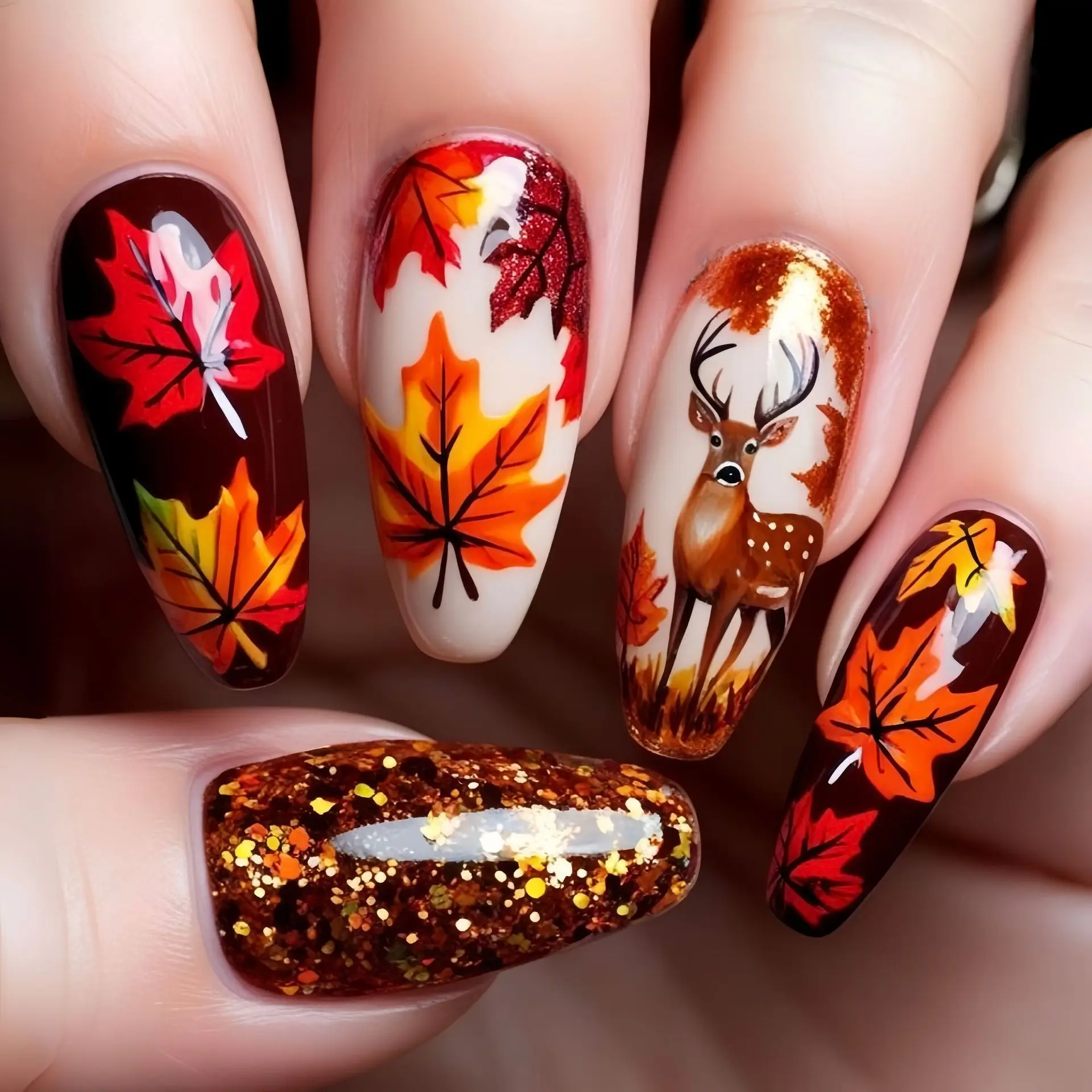 Medium fake nails for women girls Brown red maple leaf deer design for Autumn Winter Square ballet nail tips Press on false nail