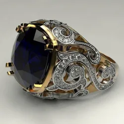 sapphire blue fat square gemstone two-color pattern luxury high-end copper inlaid zircon ring atmospheric jewelry