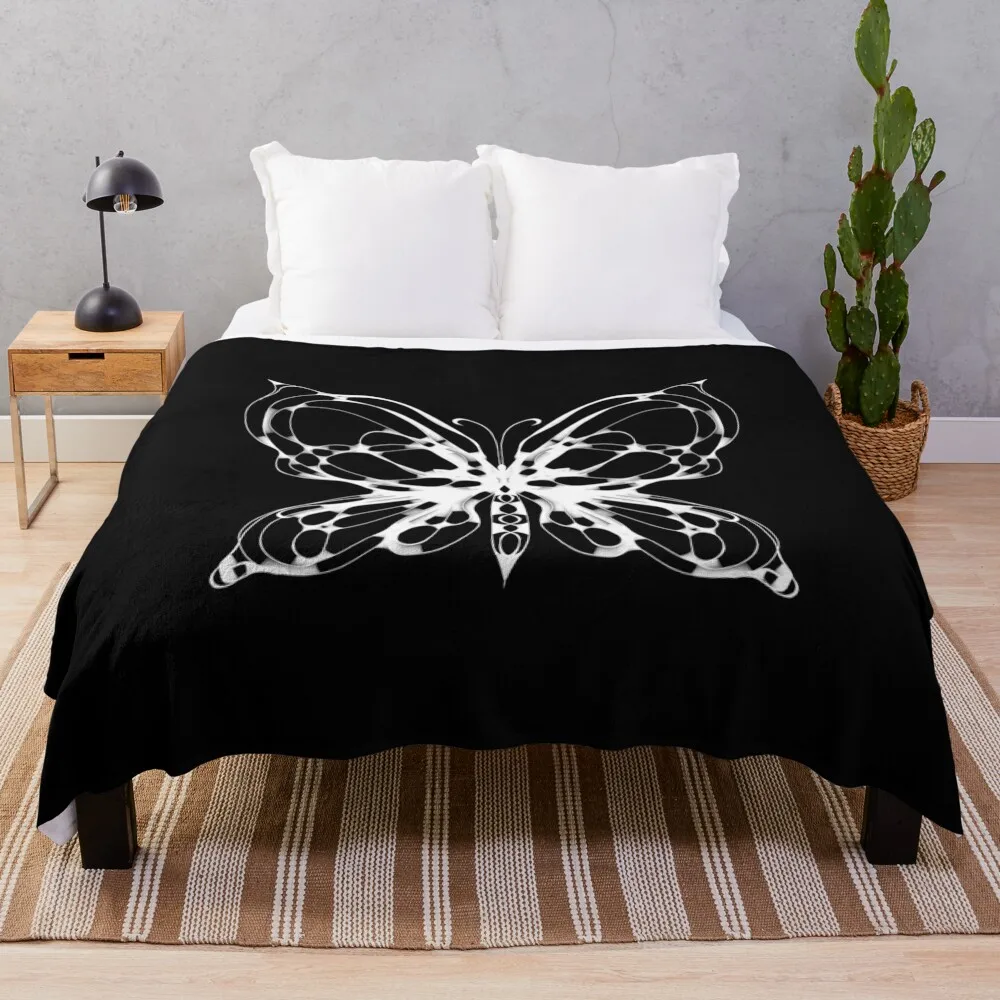 

Ethereal White Butterfly on Black Throw Blanket For Sofa Thin bed plaid For Decorative Sofa Blankets