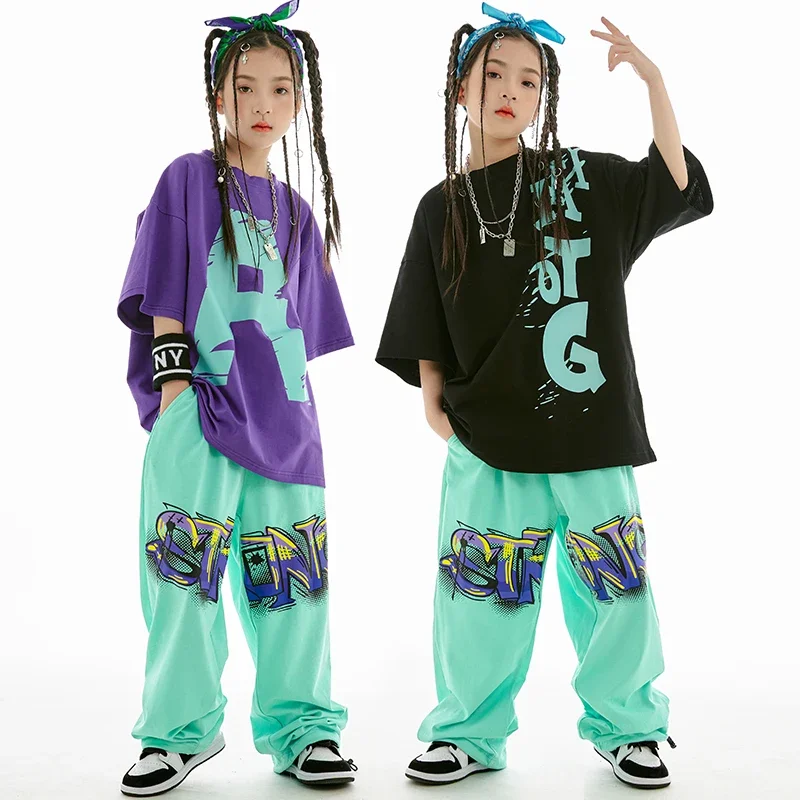 女の子のためのモダンなジャズダンス衣装、kpopパフォーマンスウェア、キッズルーズコットンTシャツとパンツ、男の子のヒップホップフィット、夏