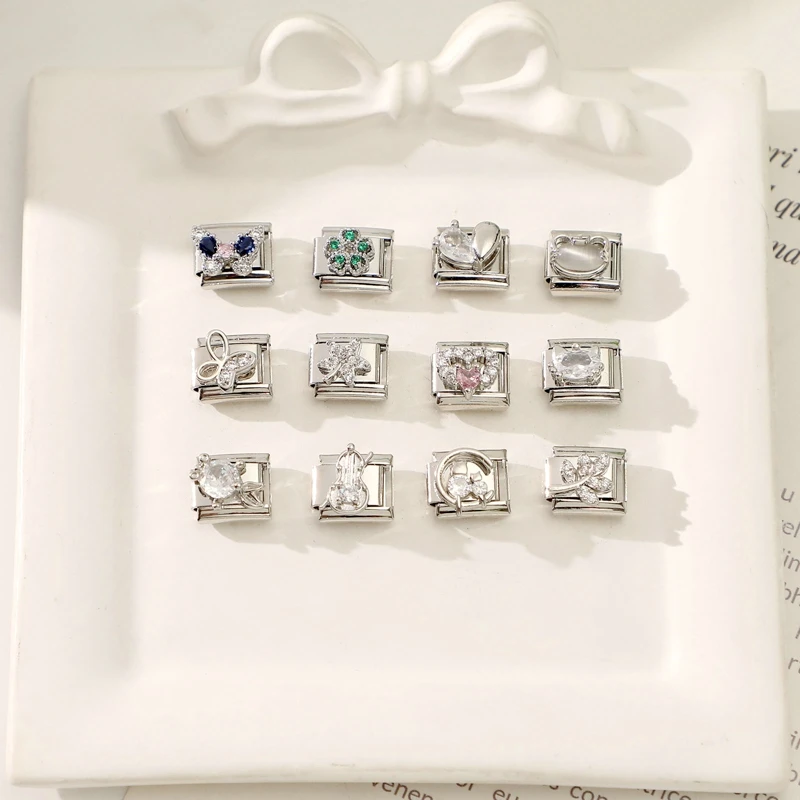 New Brilliant Butterfly Leaf Moon Cat Flower Heart Zircon Italian Charm Links Fit 9mm Stainless Steel Bracelet DIY Making Gifts