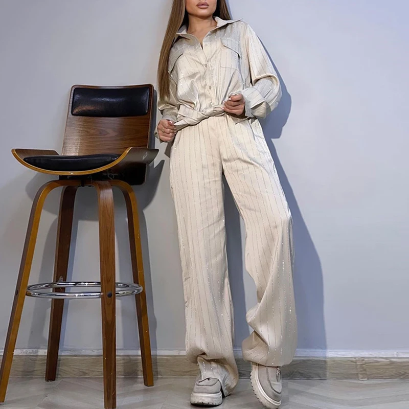 2024 Autumn Striped Printed Shirt Women Two-piece Set Fashion Lapel Shirt and Pants Set High Street Ladies Loose Long Pants Set