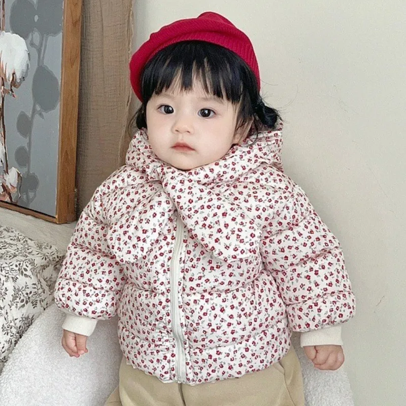

Baby Girl's Korean Version Thick Floral Cotton Coat, Winter Little Girl's Stylish Hooded Scarf, Warm Jacket, Winter Cotton Coat