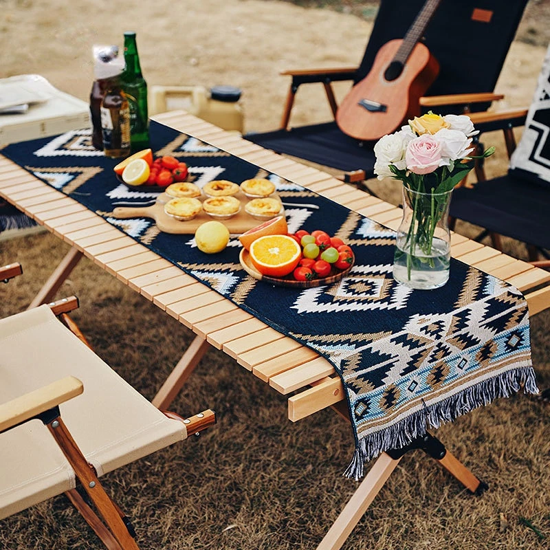 Rustic Linen Table Runner with Tassel Handmade Embroidered Farmhouse Hemmed Table Runner, for Camping and Table Decoration