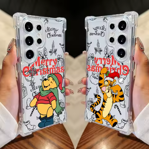 Phone Case For Samsung Galaxy S25 FE S24 S23 S22 S21 Ultra S20 Plus Note 20 10 S25FE Clear Cover Winnie Tigger Piglet Christmas