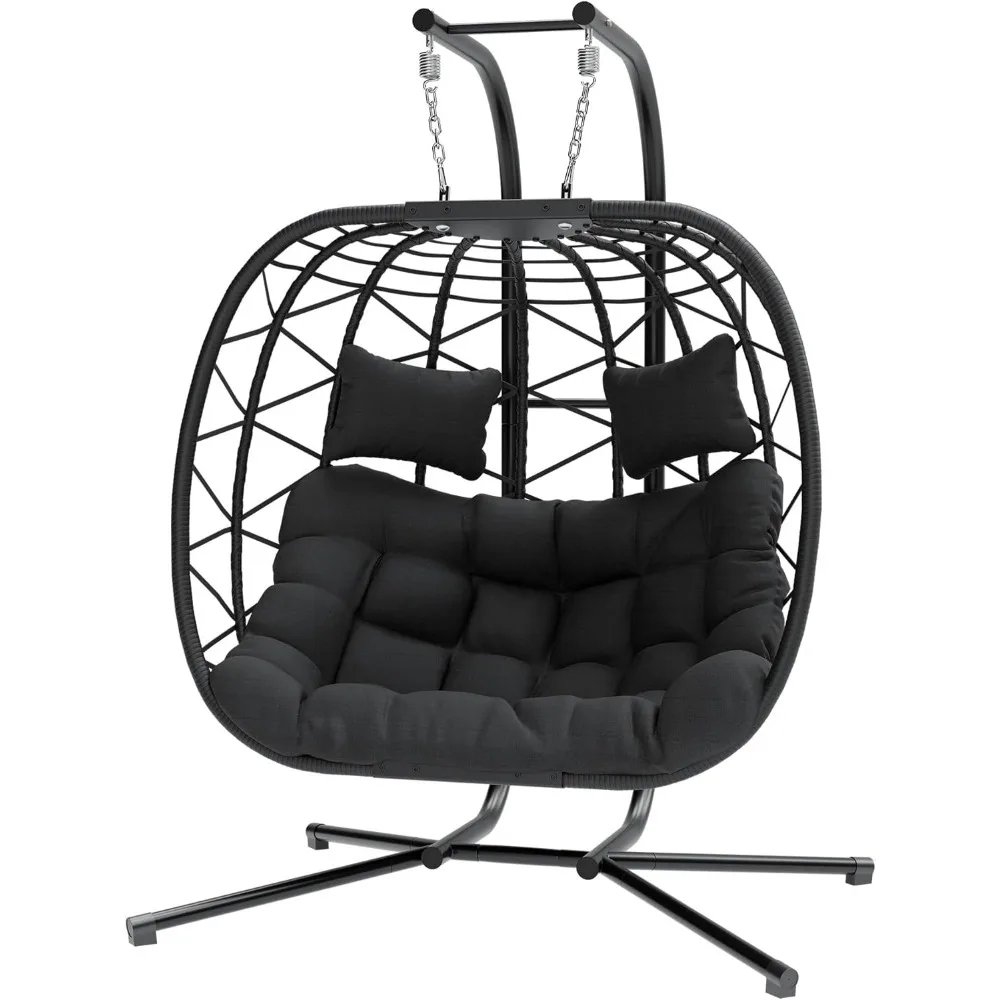 Double Swing Egg Chair with Stand, Oversized 2 Person Indoor Outdoor Wicker Patio Basket Hanging Chair with Cushion