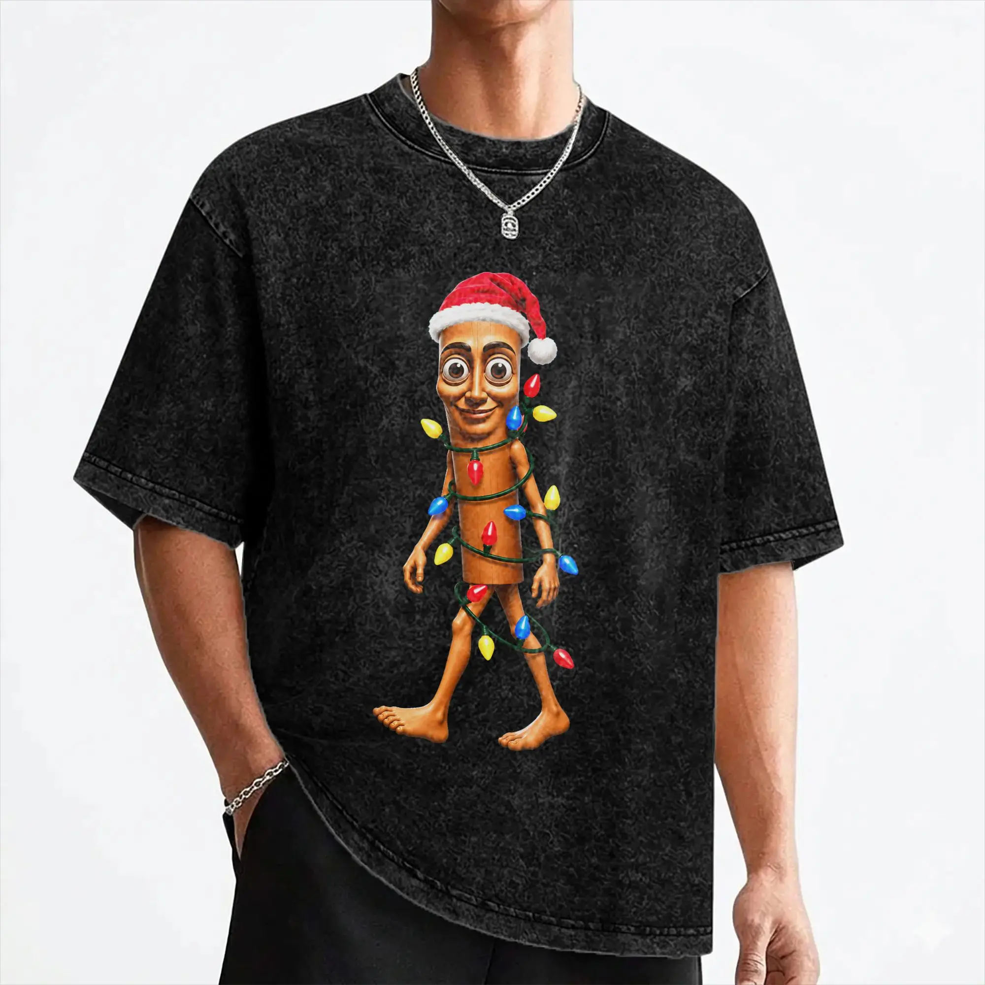 Tung Tung Sahur Santa Christmas Tree Lights T Shirt Washed 100% Cotton T-Shirts  Fashion Men Women Streetwear Summer Tops Tees