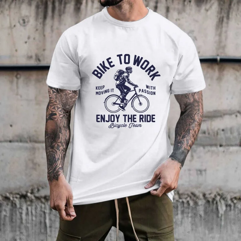 Bike To Work Cycling Theme Heat Transfer White Ink Iron - on Patch, Cyclist With Backpack Pattern, For T - shirts/Canvas Bags,