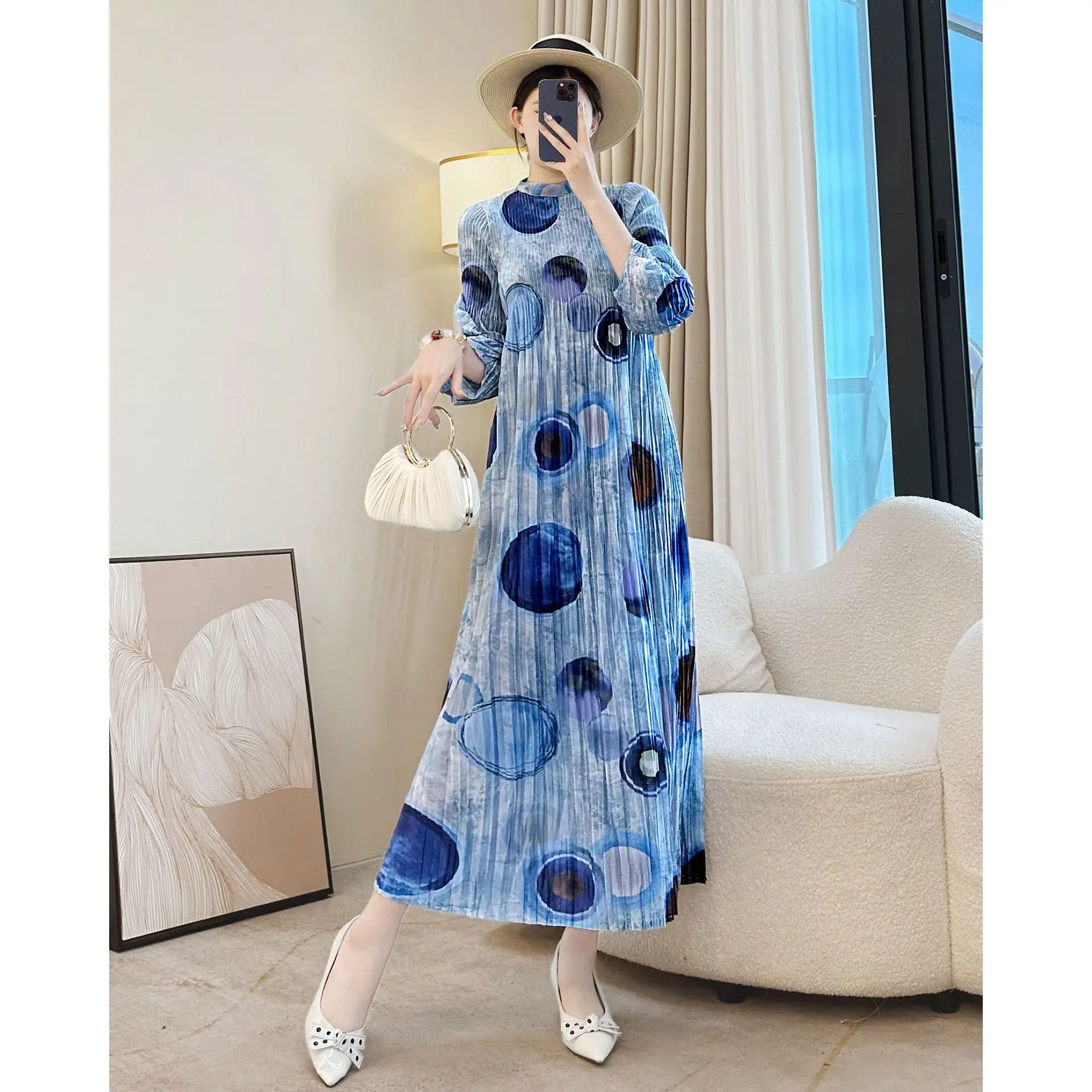 미야케 플리츠 도트 프린팅 여성용 3/4 소매 드레스 신축성 있는 루즈 스탠드 칼라 블루 여성 의류 시크 2025 신상