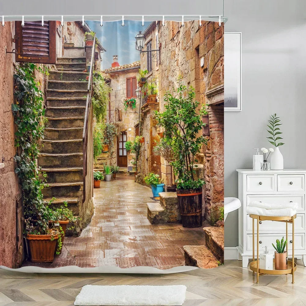 Street Building Scenery Shower Curtain Flower Plant Retro Old Door Summer Rural Landscape Bathroom Curtain Background Wall Decor