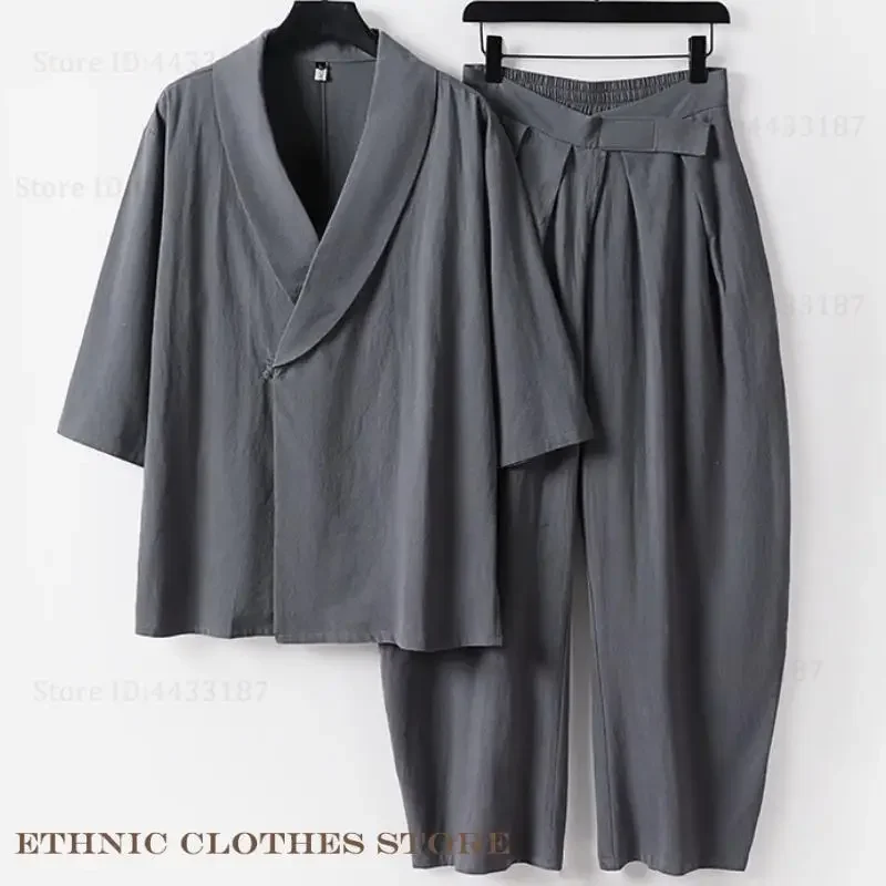 

Хлопково-льняной костюм ханьфу в китайском стиле, большой размер, мужское кимоно, кардиган, брюки, комплект, кимоно Харадзюку, юката, хаори, халат, свободная куртка