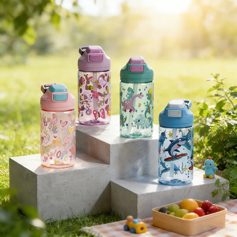 410 ml Dinosaurier-Wasserflasche für Kinder, Wassertrinkbecher mit Silikonstrohhalm, auslaufsichere Kunststoff-Wasserflaschen, Sommer-Wasserbecher für Kinder