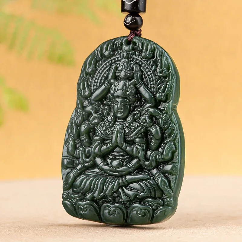 Hotan Jade Black Jade Thousand Hand Guanyin Pendant Hand Carved Guardian God Men and Women Necklace National Atmosphere Jewelry