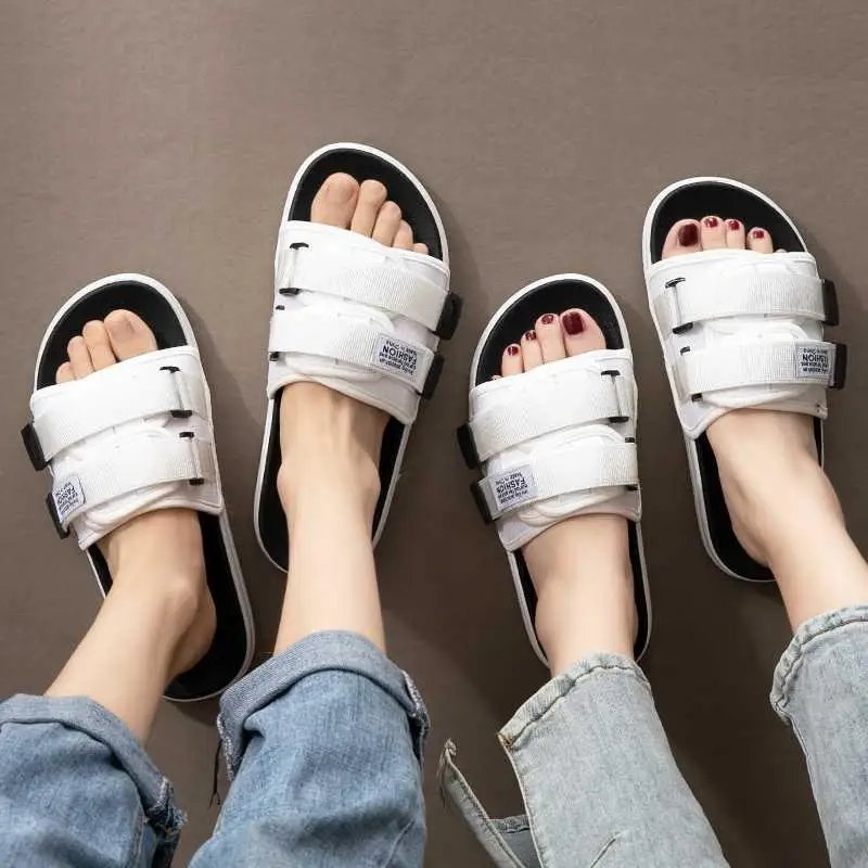 

Faionable Men's Sandals Outdoor Wearable Trendy Korean Sle Flat Heel PVC Bot Cotton Upper One-Strap Slippers