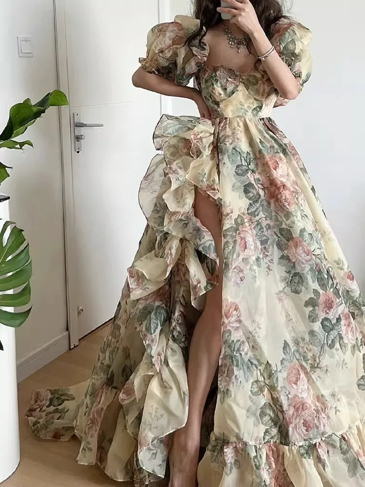 Vestido de Novia Colorido con Rosas, Vestido Largo con Parte Inferior Amarillo Claro para Mujer, Vestido de Playa para Vacaci...