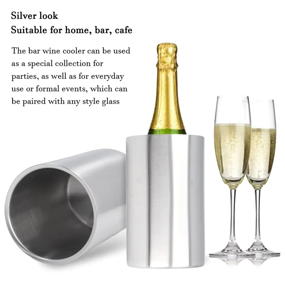 Oct Sale Wine Bucket, Stainless Steel Wine Champagne Cooler Slim Straight Shape Silver Double Contemporary Wine Bottle Cooler