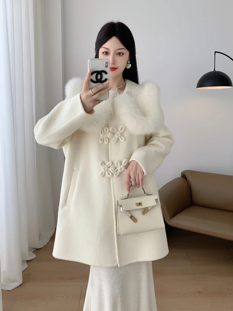 New Winter Women Cashmere Wool Woolen Coat Real Fox Fur Cuff Coat Jacket Natural Fox Fur Collar Ladies Outerwear Streetwear