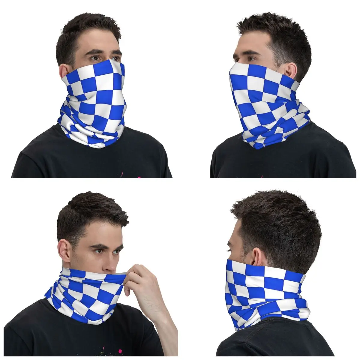 Checkerboard Check Checkered Pattern In Royal Blue And White Bandana Neck Gaiter Balaclavas Wrap Scarf Running for Men Women