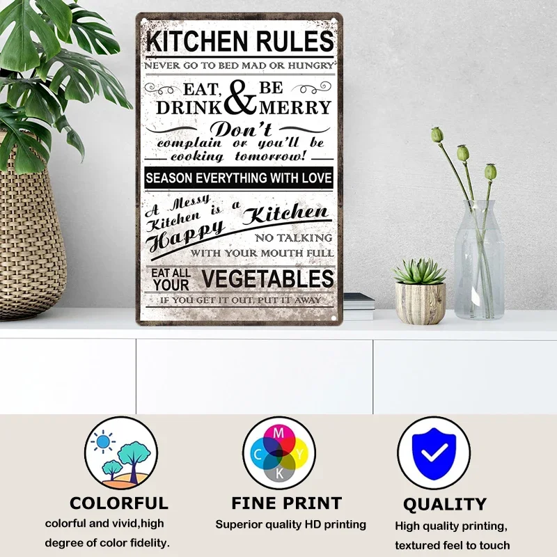 Retro Tin Sign Kitchen Rules  Food Iron Painting Wall Art Metal Vintage Plaque Metal Posters for House Home Dinning Room Decor