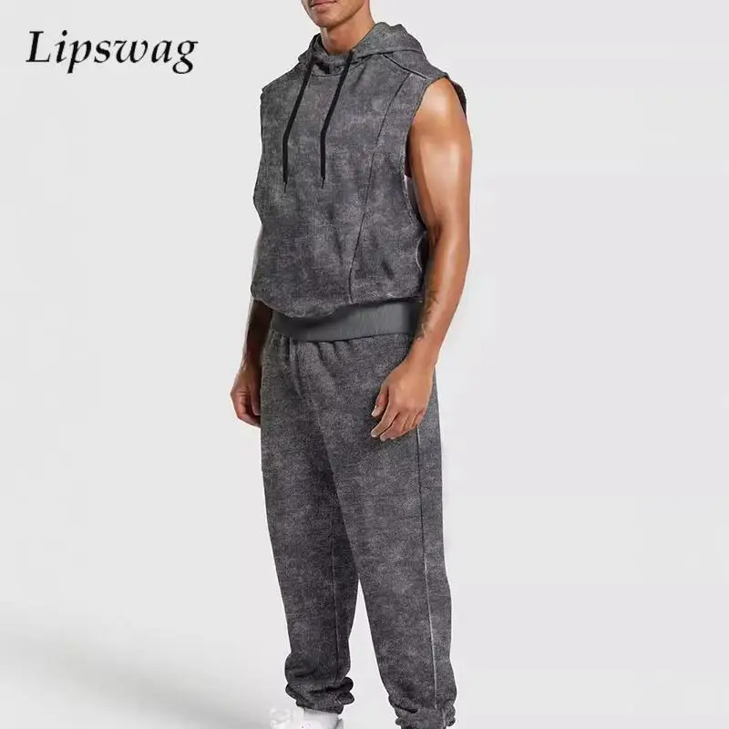 

Streetwear Fashionable Tracksuits Men Summer Casual Sleeveless Hooded Tank Tops And Pants Two Piece Sets Mens Outfits Stylish