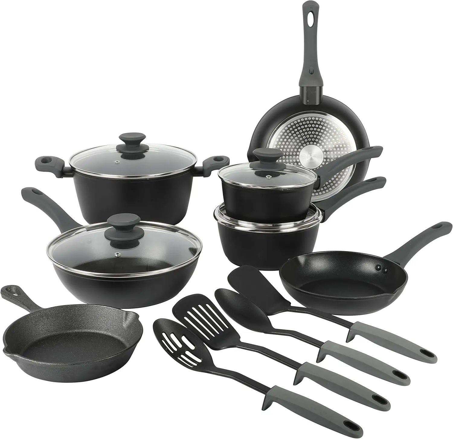 

Gibson Soho Lounge Nonstick Forged Aluminum Induction Pots and Pans Cookware Set W/Cast Iron Skillet, 15-Piece Set, Black