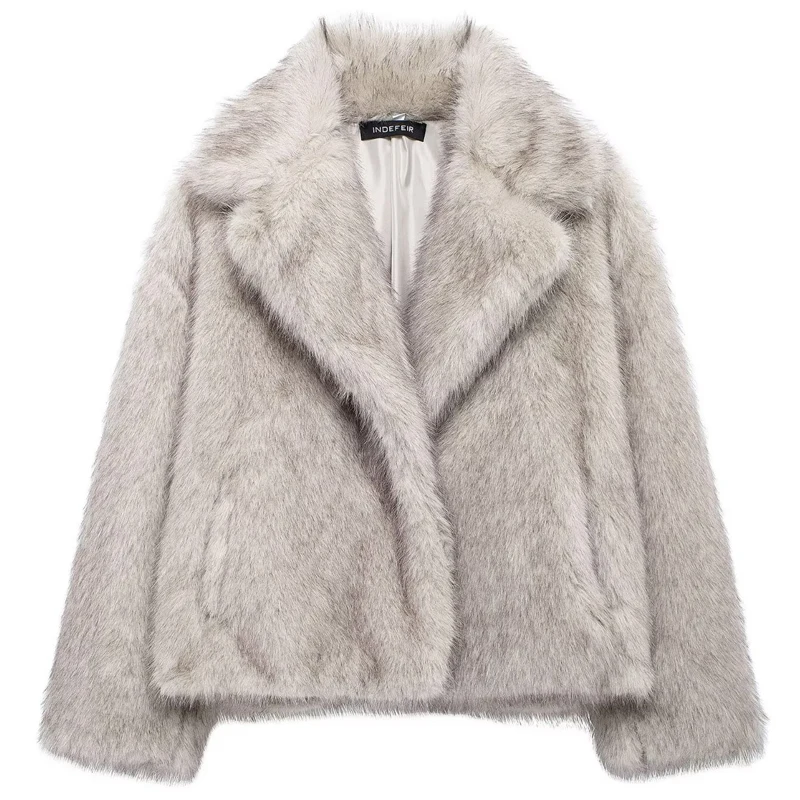 HXAO Faux Fur Coat Women's Jacket Autumn Winter 2025 Elegant Fluffy Red Grey Outerwears Female Plush Cropped Long Sleeve Jackets