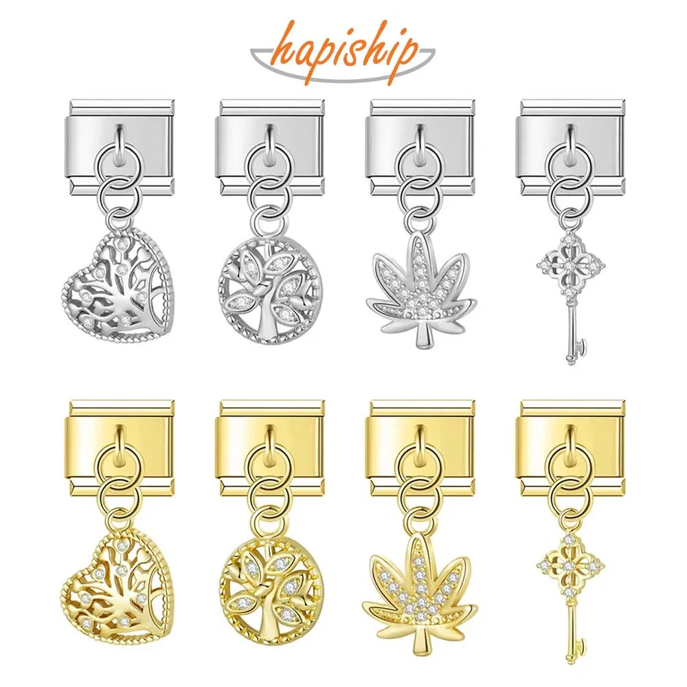 Hapiship 2023 Fashion Leafs Heart Round Tree of Life Dazzling CZ Charm Italian Links Fit 9mm Bracelet DIY Making Jewelry DJ626