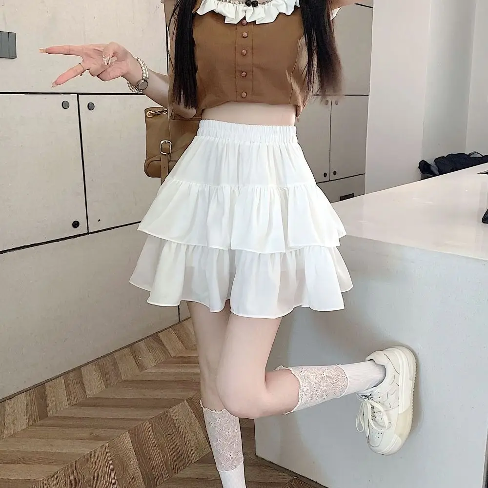 A-line High Waisted Cake Skirt Elastic Waist with Safty Pants Pleated Fluffy Mini Skirt Double Layer Short Dress