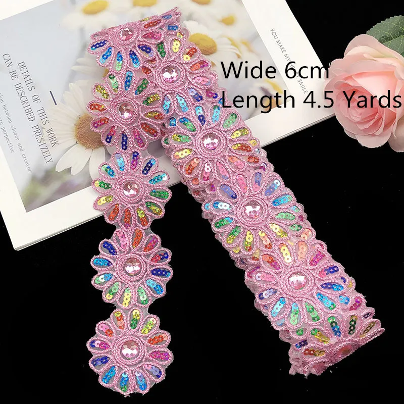 4.5 Yards Lace Fabric Sequins Flowers Embroidered Ribbon Collar Trim Applique for Wedding Dress Sewing