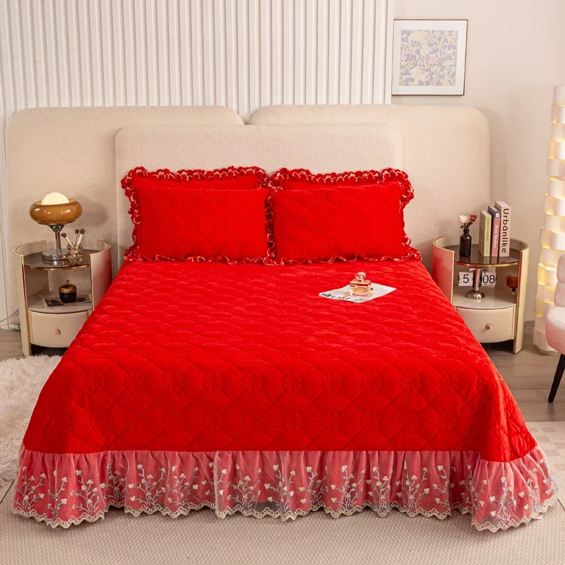 

Fleece Sandwich Cotton Single Bed Cover Thickened Pillowcase Lace Embroidery Skirt Bedspread Need to order