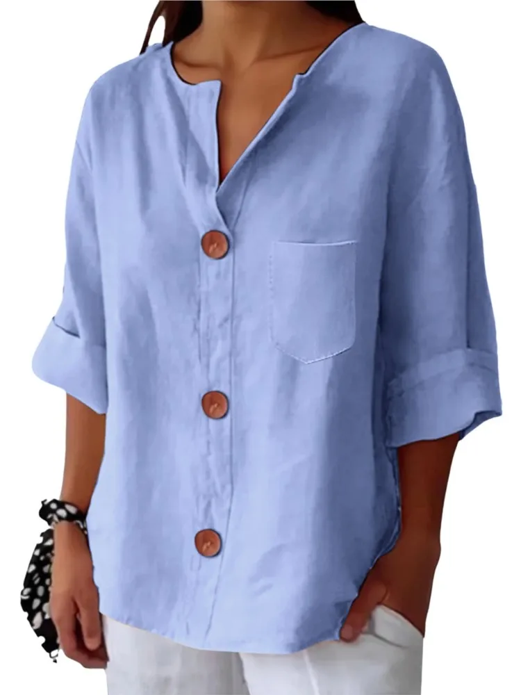 

Summer Loose Shirt For Women New Fashion V-neck Cotton And Linen Button Top Casual Holiday Office White Shirts Women Clothes