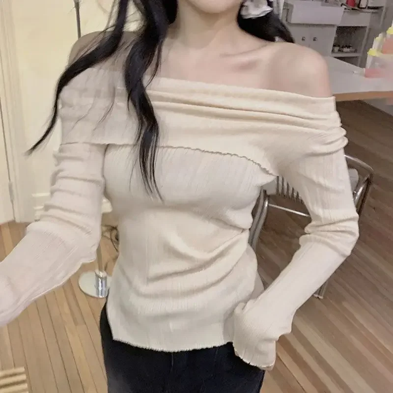 

Женские пуловеры с открытыми плечами и разрезом на шее, однотонные женские популярные мягкие тонкие клубные одежды в стиле Харадзюку, сексуальные вязаные повседневные шикарные с длинными рукавами