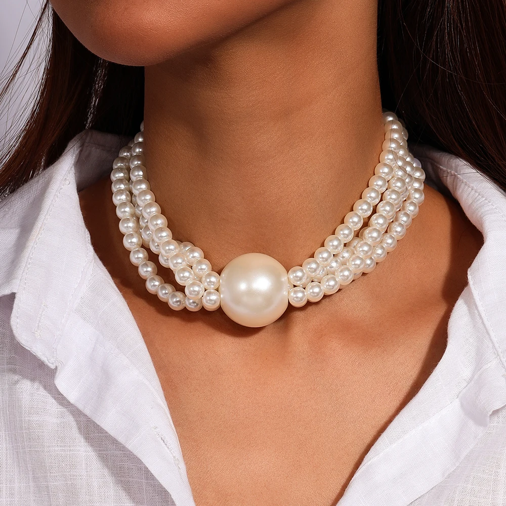 Aihua Large Multi Layer Stacking Beaded Pearls Necklace Chunky Chain Pearl Chokers for Women Fashion Night Party Jewelry Gifts