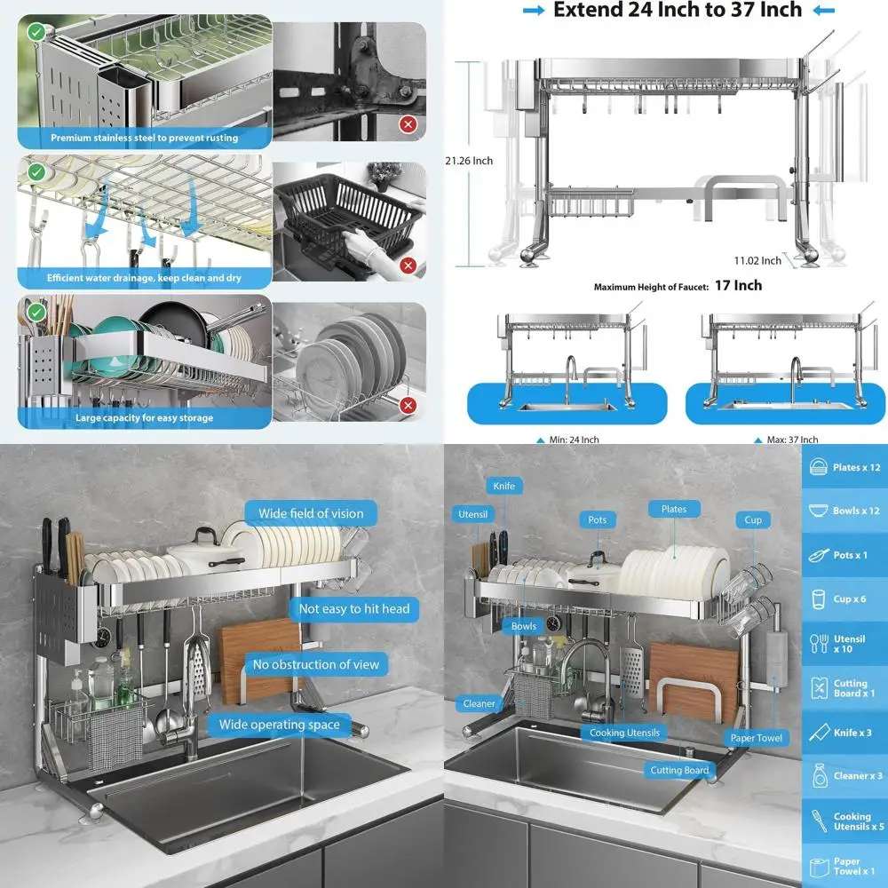 

Двухуровневая регулируемая сушилка для посуды из нержавеющей стали, ширина 20,87-37,6 см, серебристая